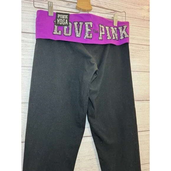 VICTORIA’S SECRET PINK YOGA BLING SEQUIN FOLDOVER LEGGINGS SMALL FUCHSIA NWT - Picture 4 of 11
